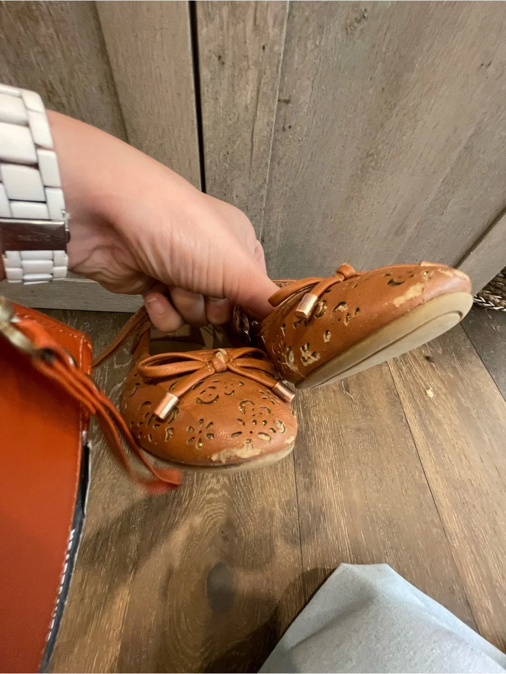 Girls' Tan Mary Jane Flats with Laser-Cut Detail - Picture 2 of 3
